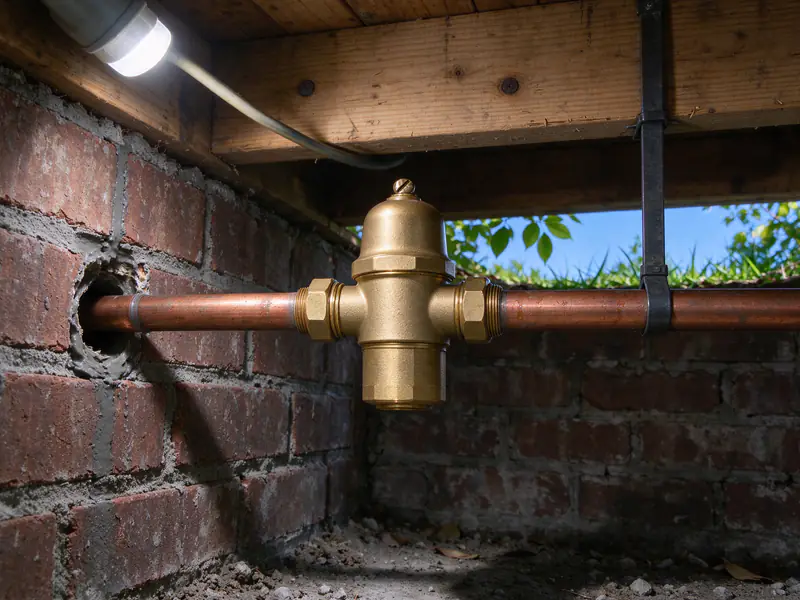 Bell-shaped brass pressure-reducing valve on a copper main line just inside a crawl space wall