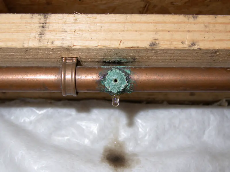 Copper pipe with a small green-crusted pinhole spot on its underside, above a damp crawl space vapor barrier