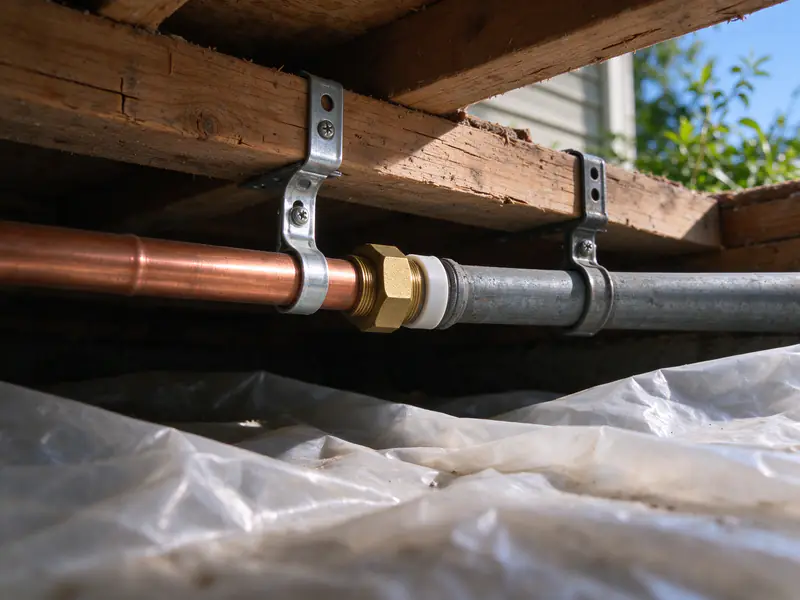 Copper-to-galvanized dielectric union with a plastic insulating sleeve, installed on a horizontal line under a floor