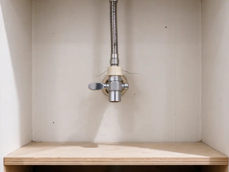 CPVC stub-out under a bathroom sink with a compression shutoff valve and a fine crack in the pipe just behind the valve