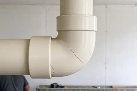 Cracked cream-colored CPVC elbow on a hot water line, with a hairline split running from the fitting socket
