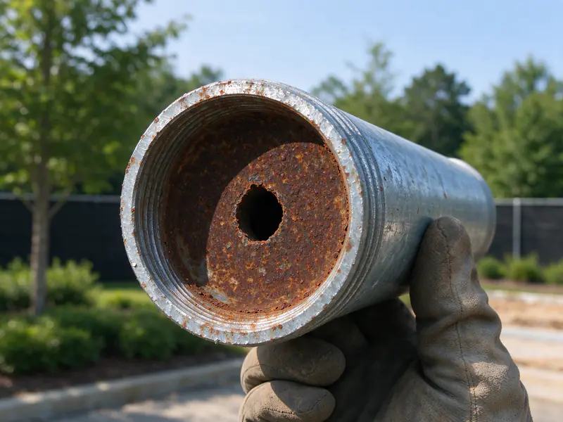 Cut section of old galvanized pipe with the bore almost closed by rust buildup