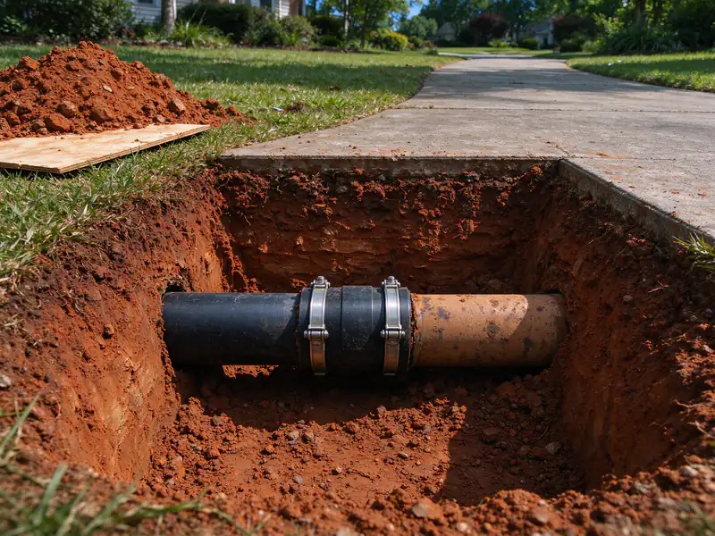 Excavated pit beside a concrete driveway exposing a black HDPE pipe joined to an old clay pipe