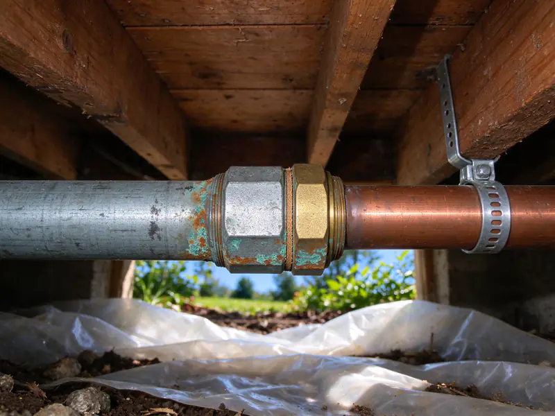 Galvanized pipe joined to copper by a dielectric union, with a green and orange stain around the joint