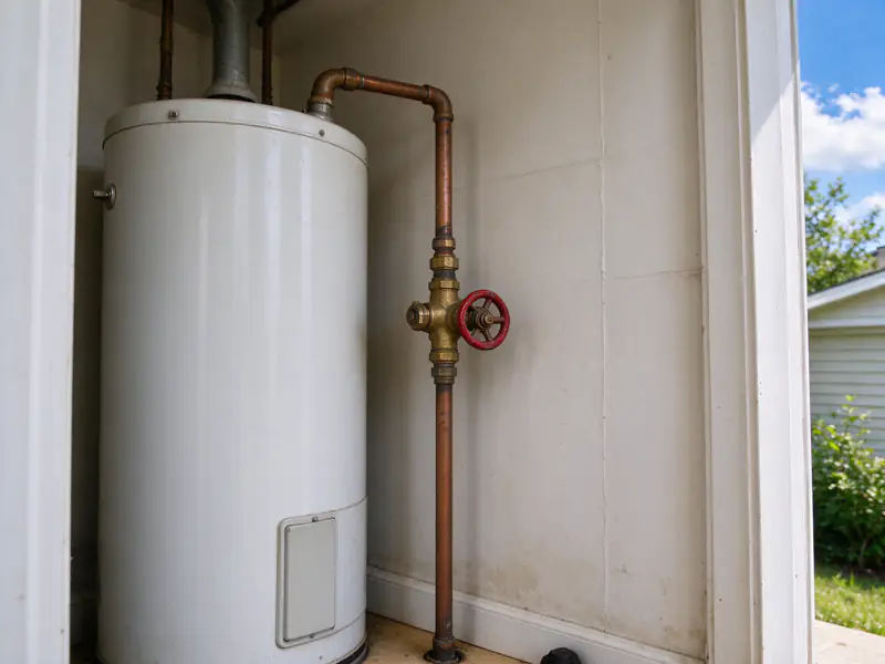 Gate valve handle on an old main line near a water heater, partly turned