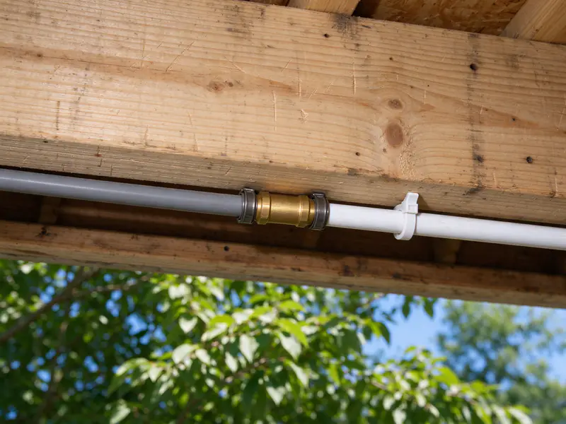 Gray polybutylene line meeting a brass transition fitting joined to white PEX tubing