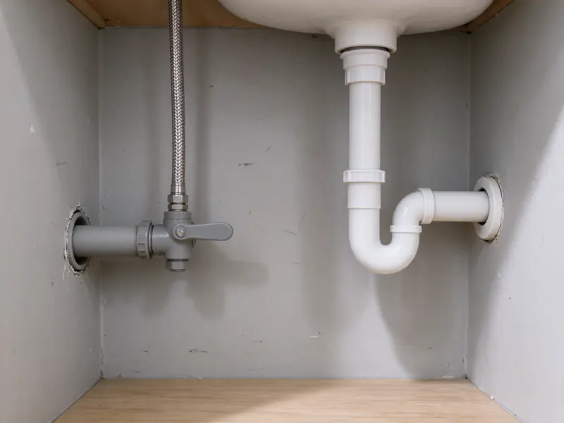 Gray polybutylene stub-out under a bathroom sink with a plastic shutoff valve and braided supply line