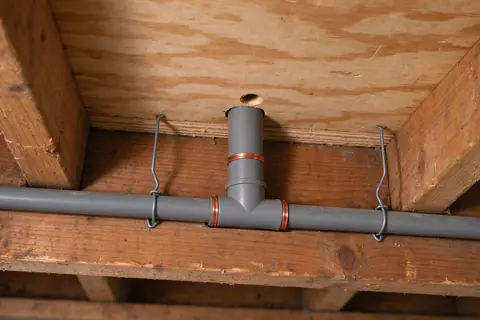 Gray polybutylene supply pipe with copper crimp rings at a tee fitting, hanging from a joist in a crawl space