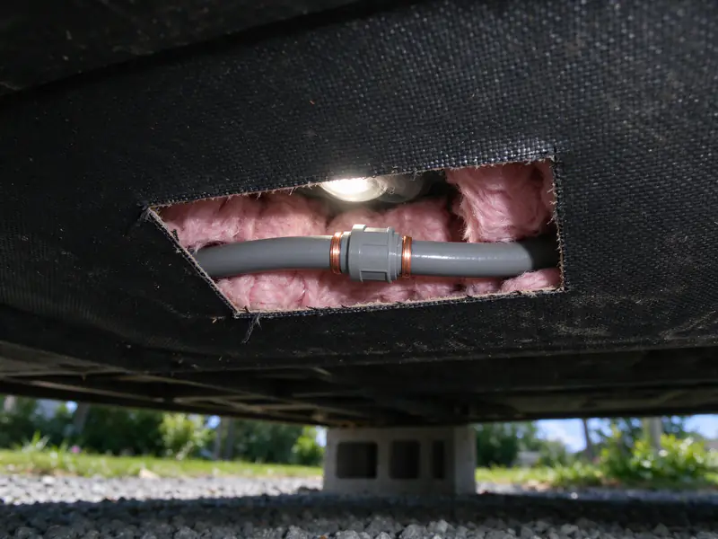Gray polybutylene supply pipe with copper crimp rings exposed through an opening in a mobile home's black bottom board