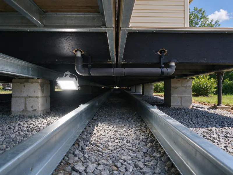 Insulated PEX crossover line running between two sections of a double-wide home at the marriage line