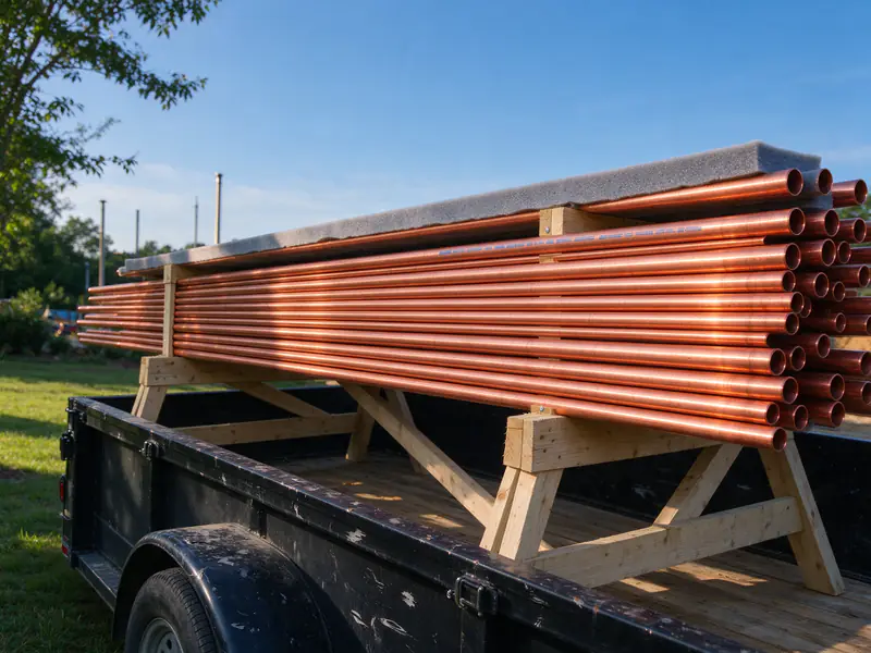 Lengths of copper tube, stacked on a padded rack