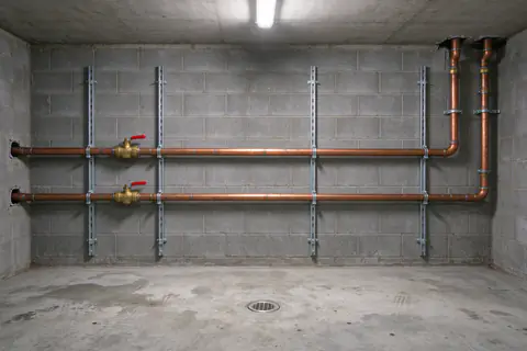 Mechanical room in a Charlotte apartment building with new copper water mains and ball valves running along a block wall