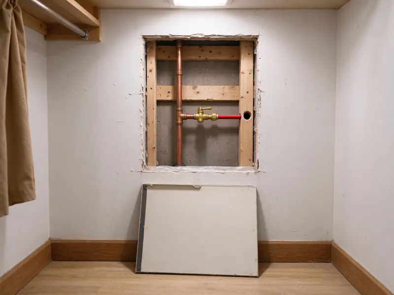 Narrow plumbing chase behind an access panel in a condo closet, with a copper riser and a new valve and PEX branch