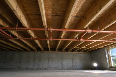 New copper supply pipe with press fittings strapped along floor joists in an unfinished basement
