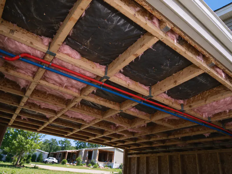 New red and blue PEX lines strapped under a manufactured home floor, with pink fiberglass insulation above