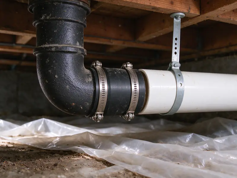 New white PVC drain pipe joined to an old cast iron pipe with a black rubber and steel band coupling