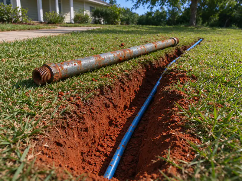 Old rusted galvanized service pipe lying beside the trench after being cut out