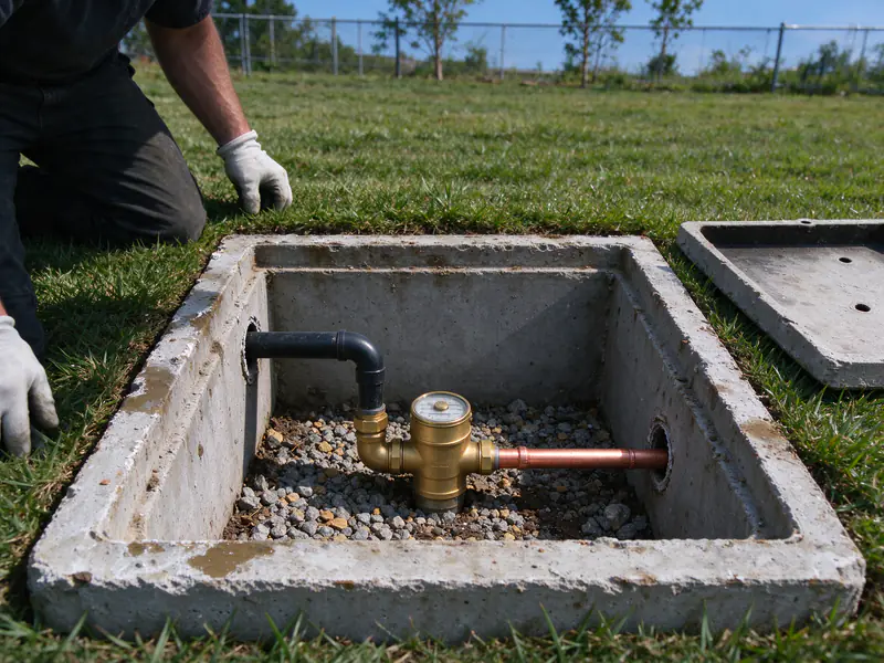 Open concrete water meter box in a lawn with a new copper line connected on the house side of the meter