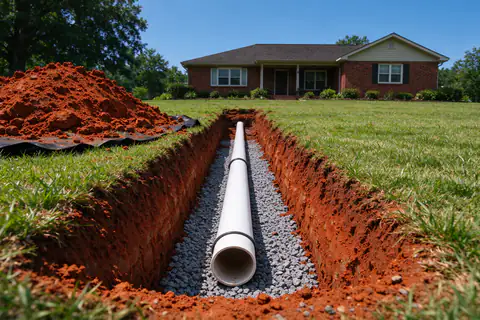 Open trench across a front lawn with a length of new white PVC sewer pipe laid on gravel bedding at the bottom