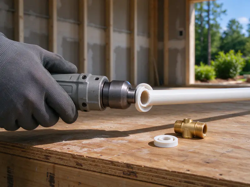 PEX expansion tool lined up with the ringed end of white PEX-A tubing, with a brass fitting and spare expansion ring beside it