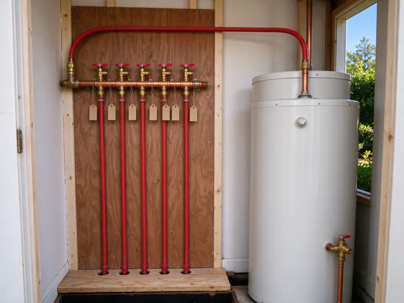 PEX manifold with labeled shutoff valves mounted near a water heater