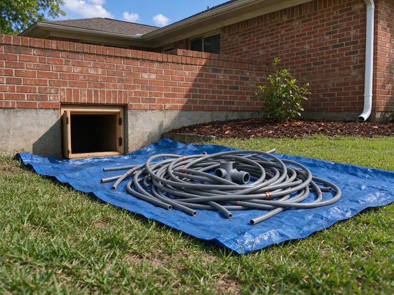 Pile of cut gray polybutylene pipe and plastic fittings on a tarp beside a crawl space access door