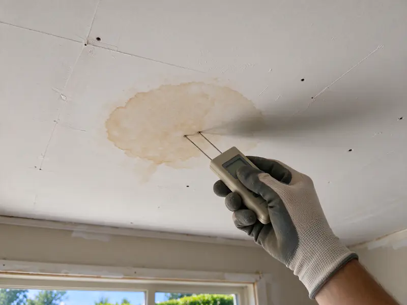 Pin-type moisture meter held against a water-stained drywall ceiling below a bathroom