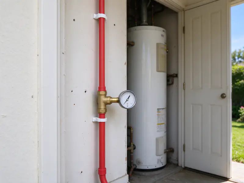 Pressure gauge attached to a new supply line during a pressure test