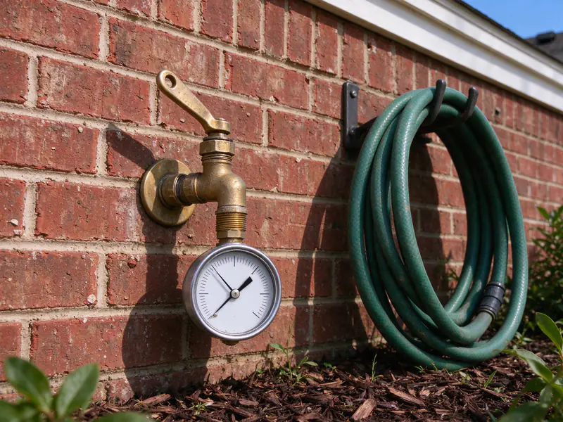 Pressure gauge on a hose bib connection outside a brick house
