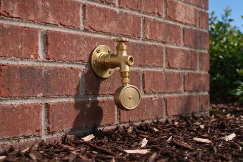 Pressure gauge threaded onto an outdoor hose bib on a brick wall