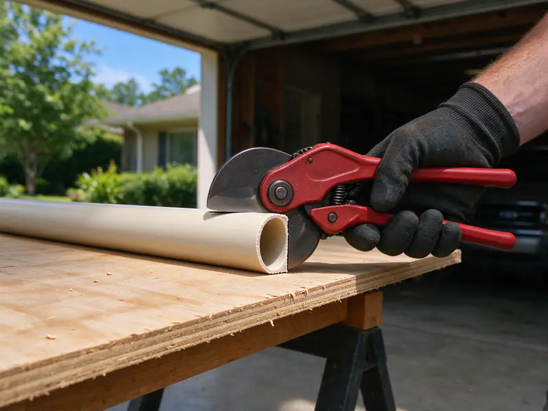 Ratchet pipe cutter closed on a length of cream CPVC pipe, making a clean square cut