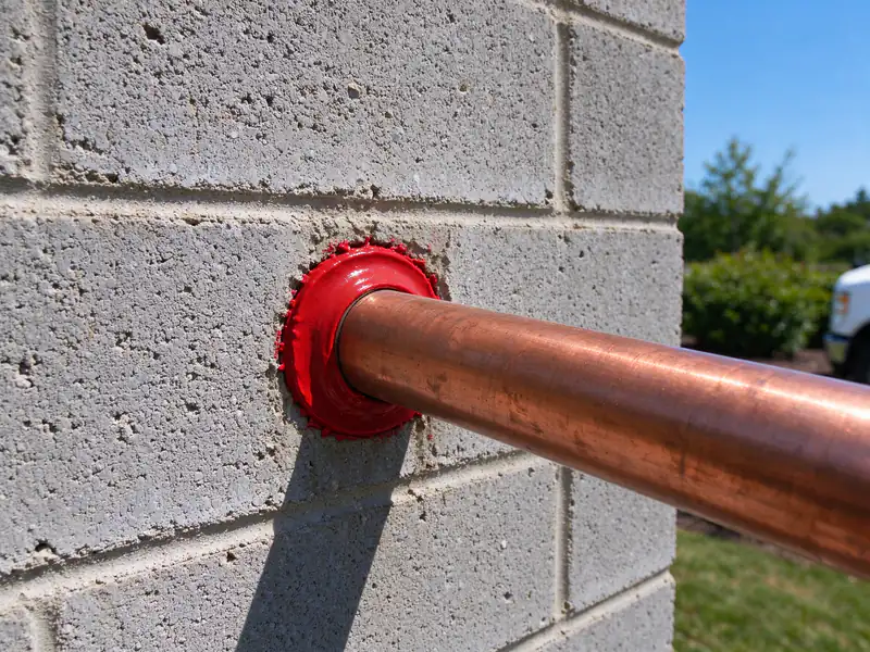 Red firestop sealant around a new pipe where it passes through a concrete block wall