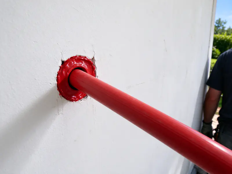 Red firestop sealant around a red PEX line where it passes through a painted wall