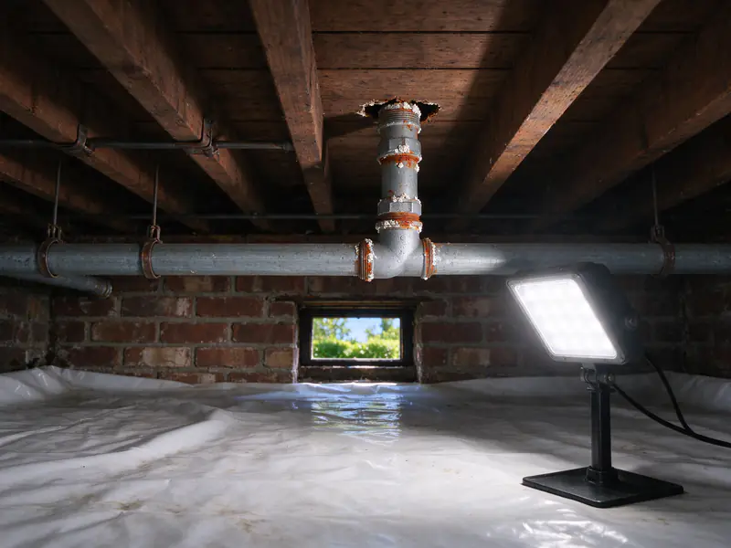 Rusted galvanized supply pipe and threaded fittings running under the floor of an older house