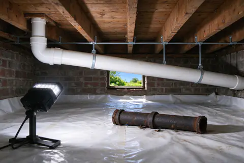 Section of old black cast iron drain pipe cut out in a crawl space, with a new white PVC drain line hung from the joists beside it