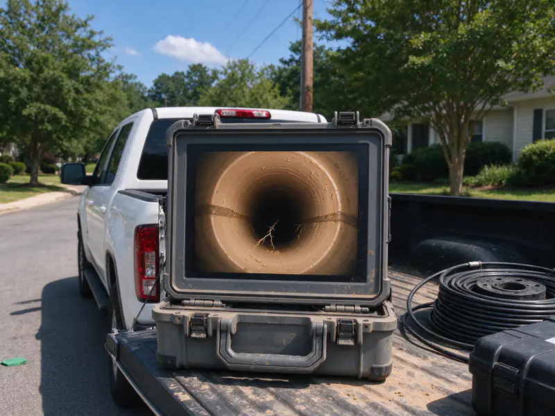 Sewer camera monitor on a tailgate showing the inside of a clay pipe with fine roots at a joint