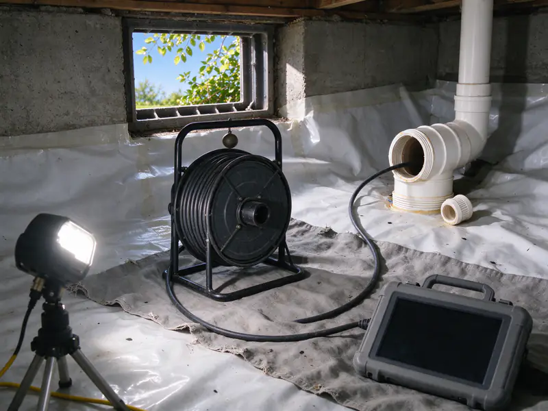 Sewer camera reel and monitor set on a drop cloth beside an open cleanout in a crawl space