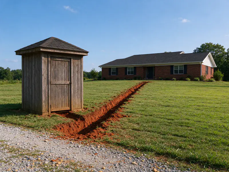Small wooden well house beside a gravel drive with a trench leading from its door toward a brick ranch house