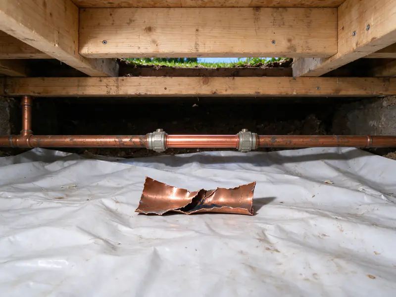 Split section of copper pipe from a freeze, lying beside the new section that replaced it
