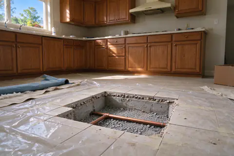 Square opening cut in a concrete kitchen floor, exposing a copper water line bedded in gravel under the slab