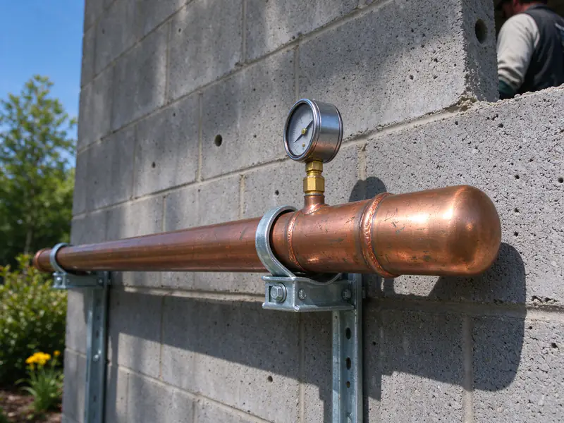 Test gauge on a capped section of new copper main strapped to a block wall