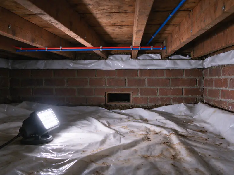 The same joists with new red and blue PEX lines strapped in straight runs and the gray pipe gone
