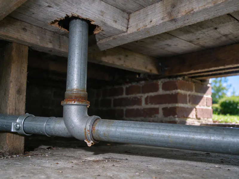 Threaded galvanized elbow with orange rust bleeding from the threads where it joins a pipe nipple