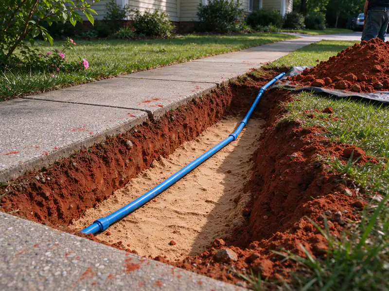Trench in red clay soil beside a concrete walkway with a new blue PEX service line laid in sand bedding