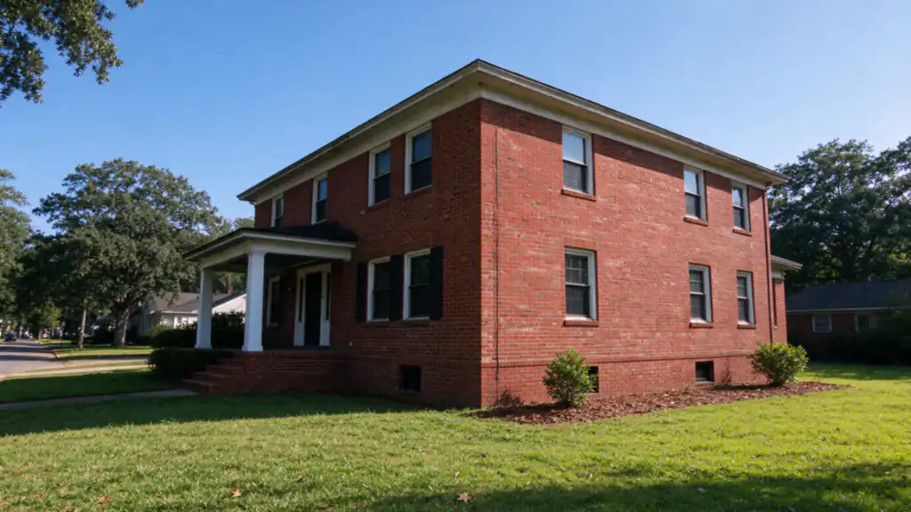 Two-story brick house with a raised crawl space foundation and a front porch on a Rock Hill street