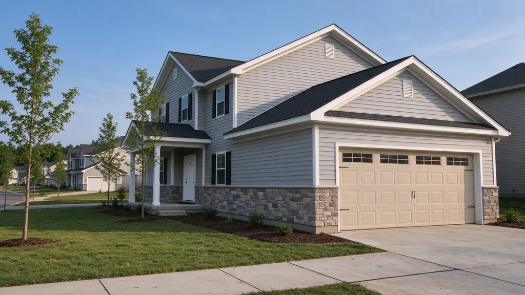 Two-story suburban house with a slab foundation and a two-car garage in a Fort Mill subdivision