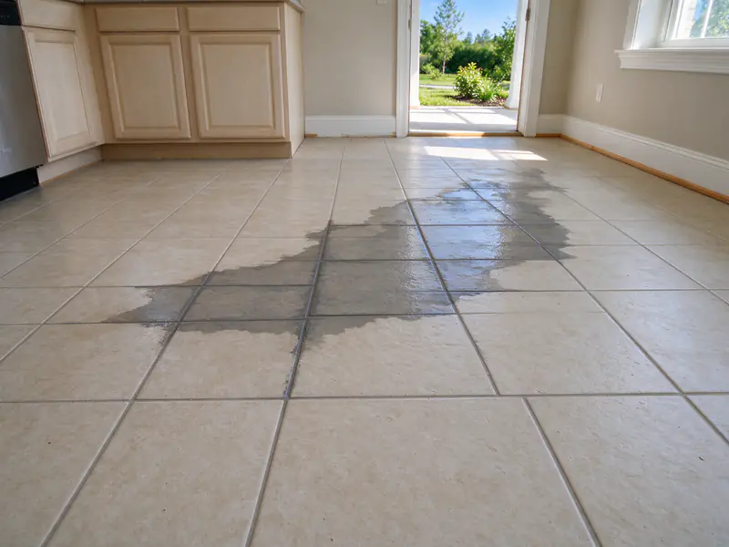 Water seeping up through a tile floor in a damp band above a leaking hot water line