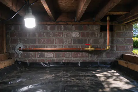 Water service pipe entering a crawl space through a brick foundation wall, with a new brass shutoff valve on the inside