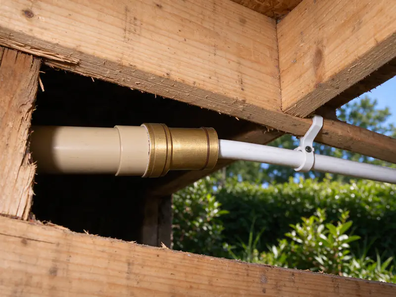 White PEX tubing joined to cream CPVC with a brass transition fitting, supported by a clip on a joist
