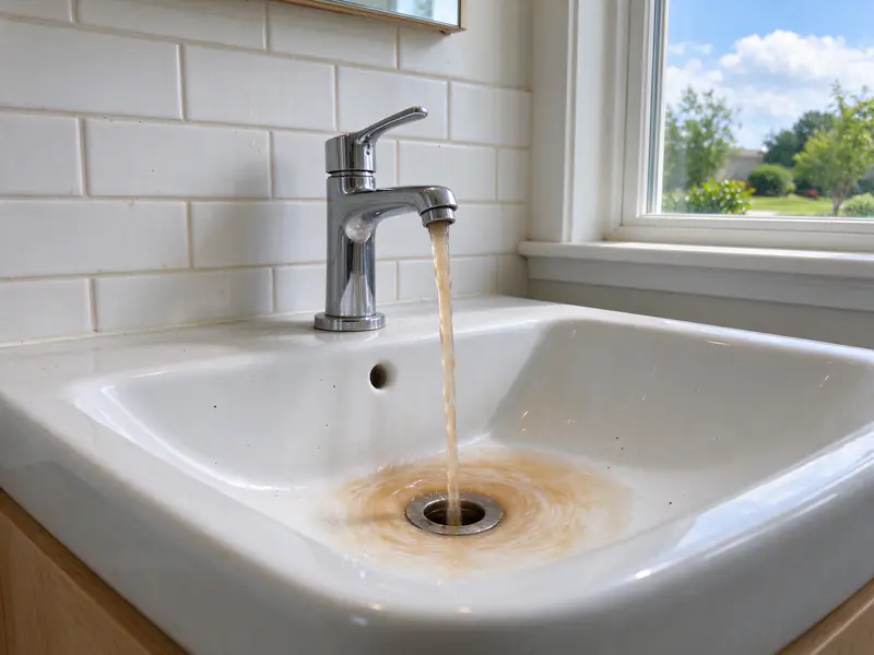 White sink basin with a stream of light brown water running from the faucet